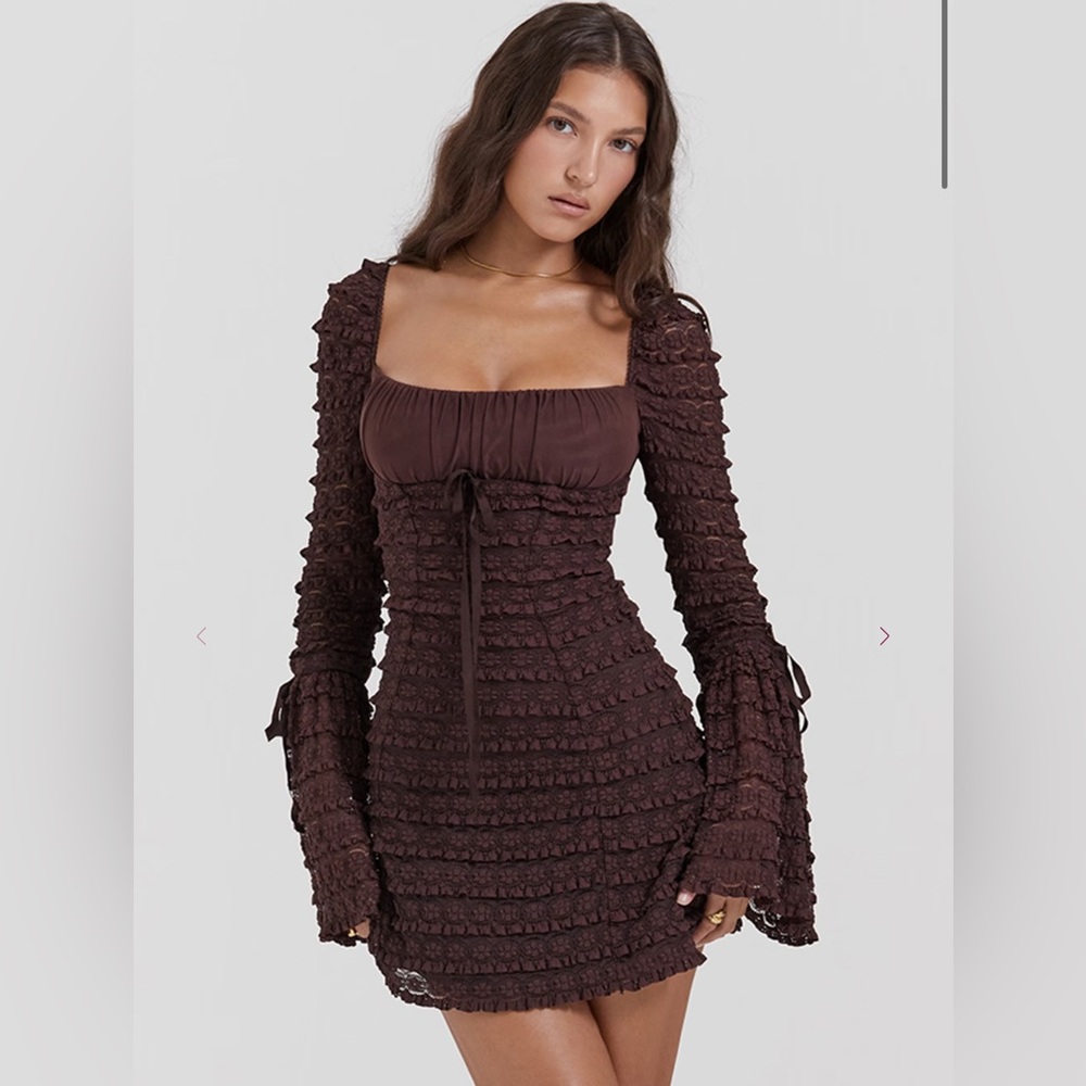 House of CB Brown Ruched Bodycon Dress with Bell Sleeves